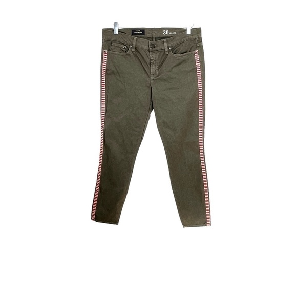 J. Crew Toothpick Olive Green Five Pocket Jeans Red/White Side Stripes Size 30 - Picture 2 of 12